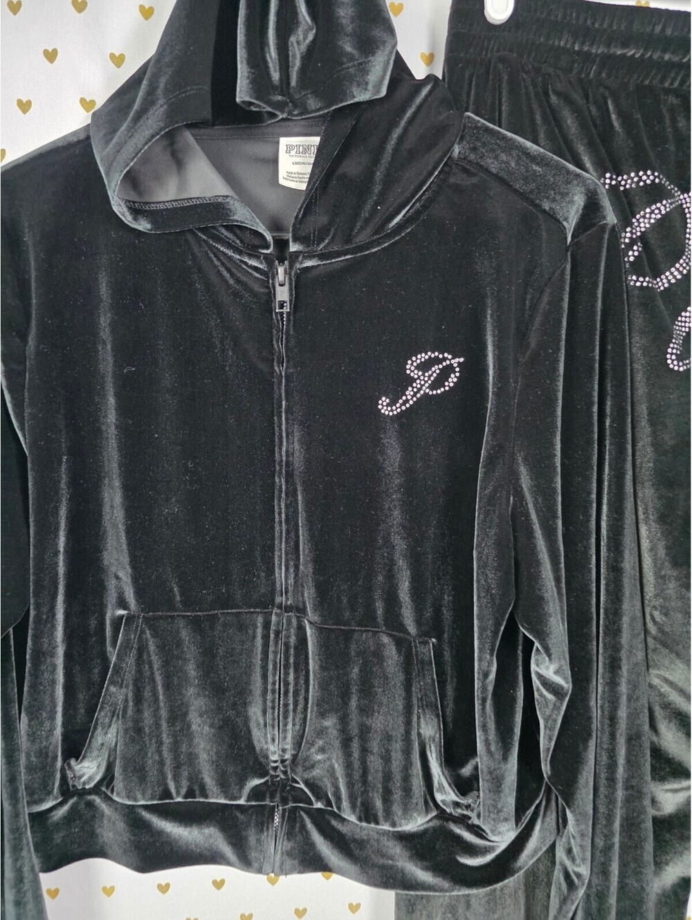 Victorias Secret Pink VELOUR BLING Hoodie Jacket Sweats SET 2pc LARGE - Picture 2 of 7